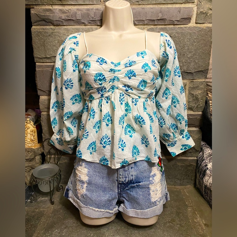 Free People NWOT cold shoulder blouse,white w/blue pattern cotton,Cottagecore M